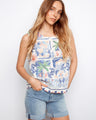 Tropical print sleeveless blouse with crew neckline, perfect for a relaxed fit in island colors by Charlie B.