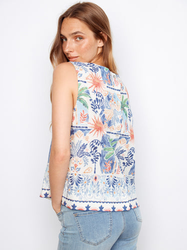 Linen blend sleeveless top showcasing floral and leaflet designs with elegant back button detail by Charlie B.