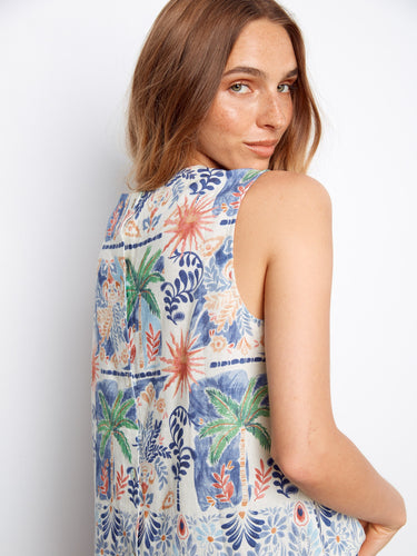 Island-inspired sleeveless top in vibrant colors, designed with a chic crew neckline and relaxed silhouette by Charlie B.
