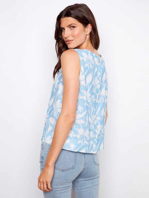 Printed Linen Blend Blouse With Back Button Detail - Veranda