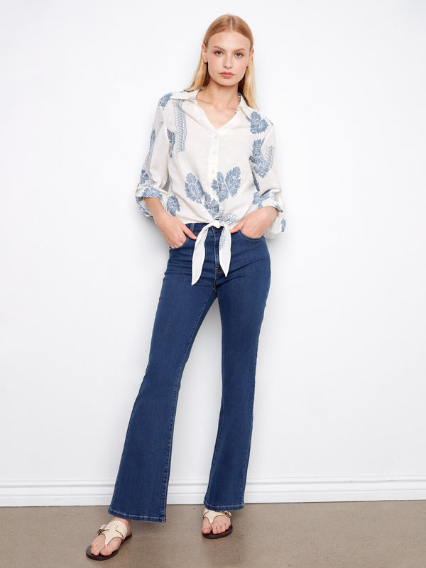 Printed Linen Blend Button-Up Blouse - Jean