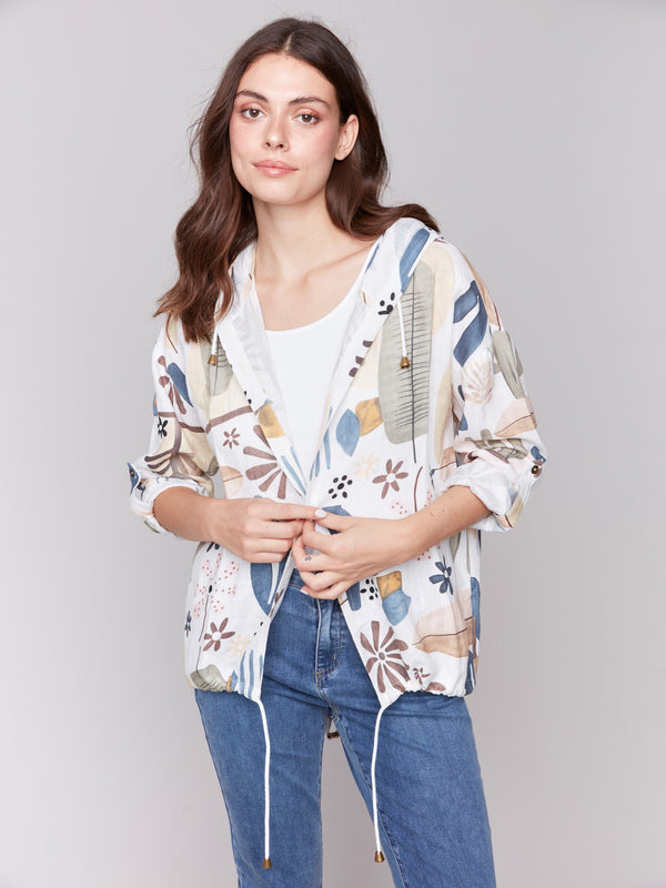 Jacket with a cinch cord at the hem, featuring an abstract cactus print by Charlie B.