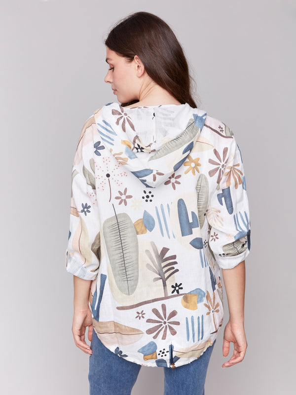 Abstract print jacket featuring an open front and unique cactus design by Charlie B.