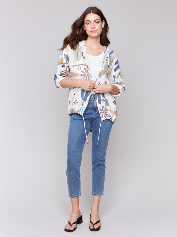 Stylish multicolored jacket with a hood and roll-up sleeves, highlighting a modern design by Charlie B.