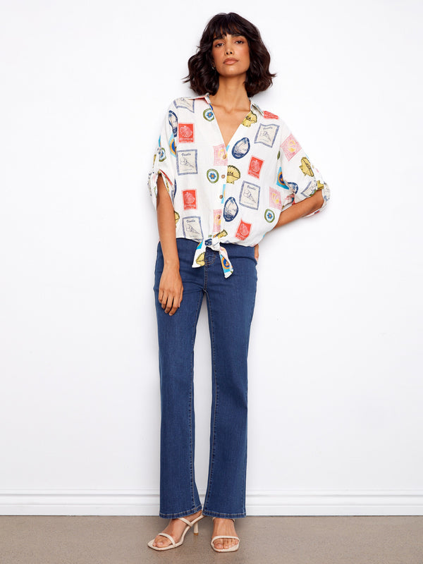 Button-up blouse in a postcard print with adjustable sleeves and tie-front by Charlie B.