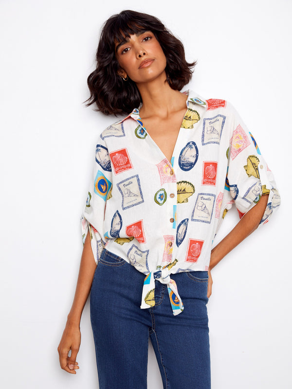 Chic blouse with short adjustable sleeves, postcard print, and front tie detail by Charlie B.