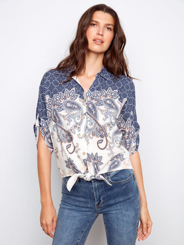 Chic short adjustable sleeves on this paisley blouse add comfort and style to your wardrobe essentials by Charlie B.