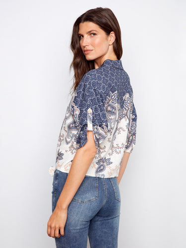 Intricate paisley print with front tie detail offers a modern twist on a classic design, ideal for any outfit by Charlie B.