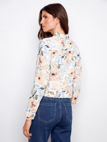 Beautifully crafted short length floral jacket with subtle frayed edges for a trendy appearance by Charlie B.