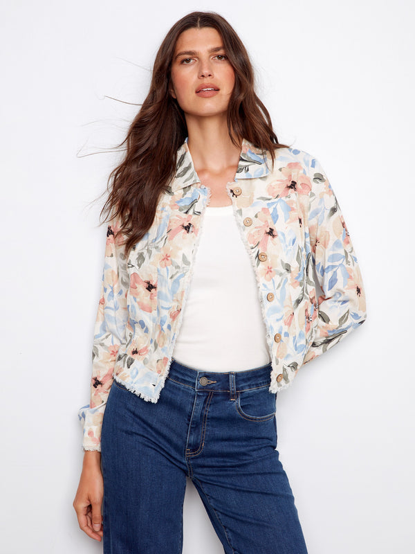 Charming short length floral jacket featuring unique frayed edges to elevate your casual wear collection by Charlie B.