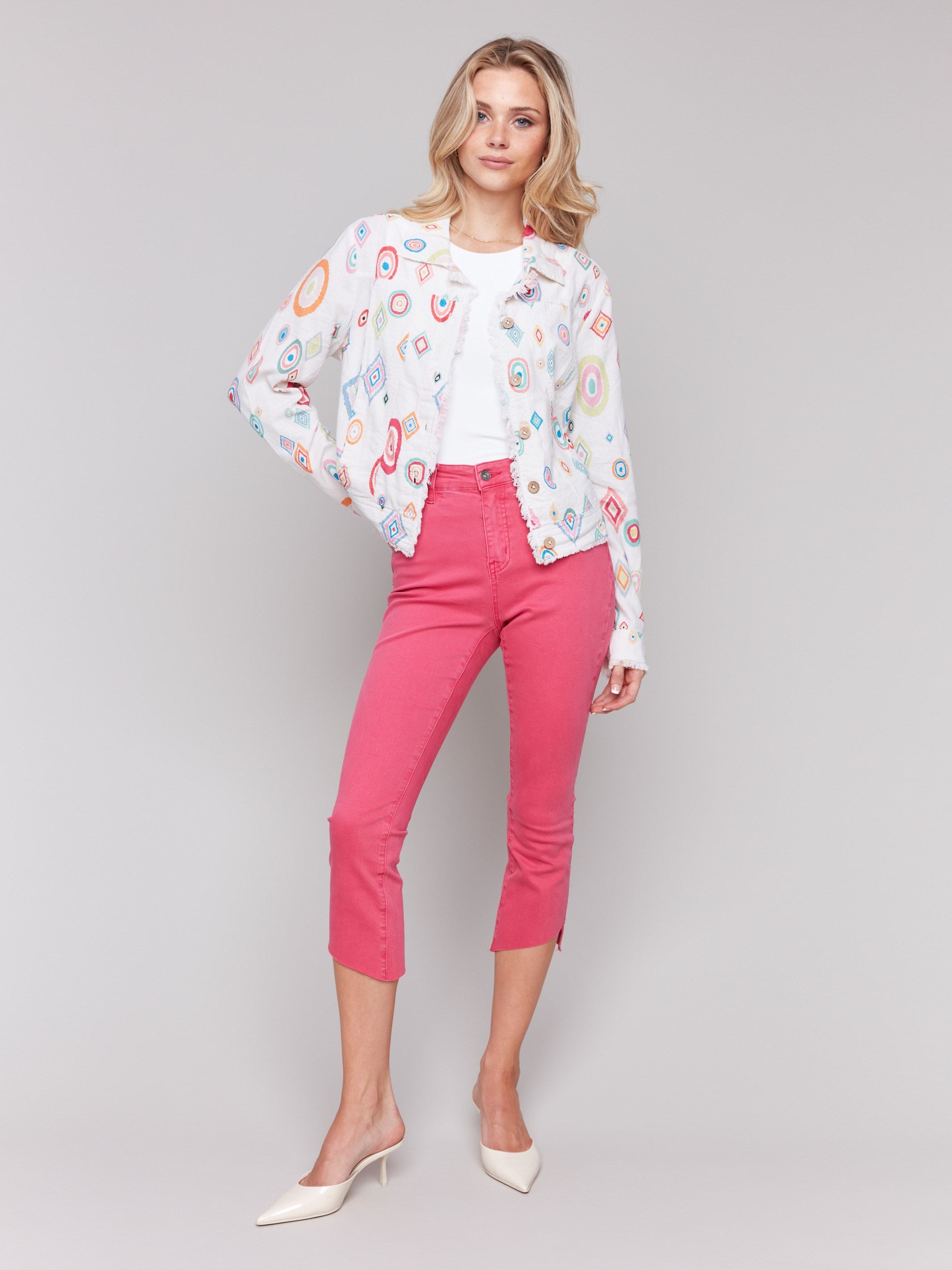 Frayed edge jacket featuring vibrant diamond design by Charlie B.