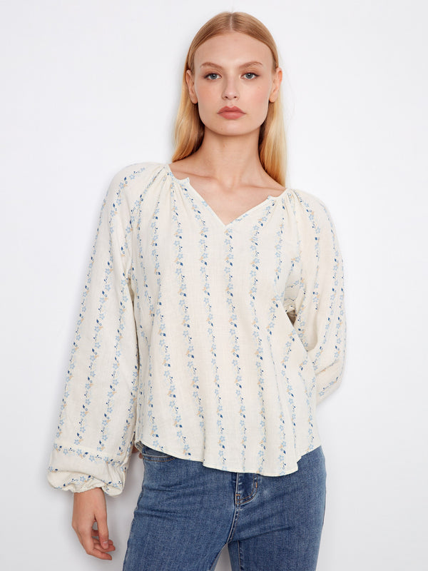 Printed Linen Blend Raglan Blouse - Petaline
