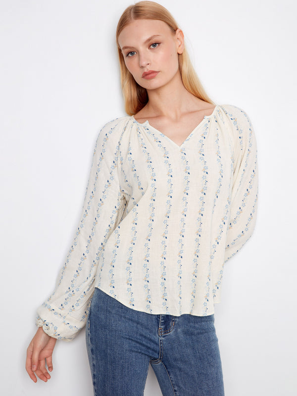 Printed Linen Blend Raglan Blouse - Petaline