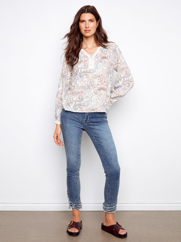 Printed Linen Blend Raglan Blouse With Crochet Trim - Chintz
