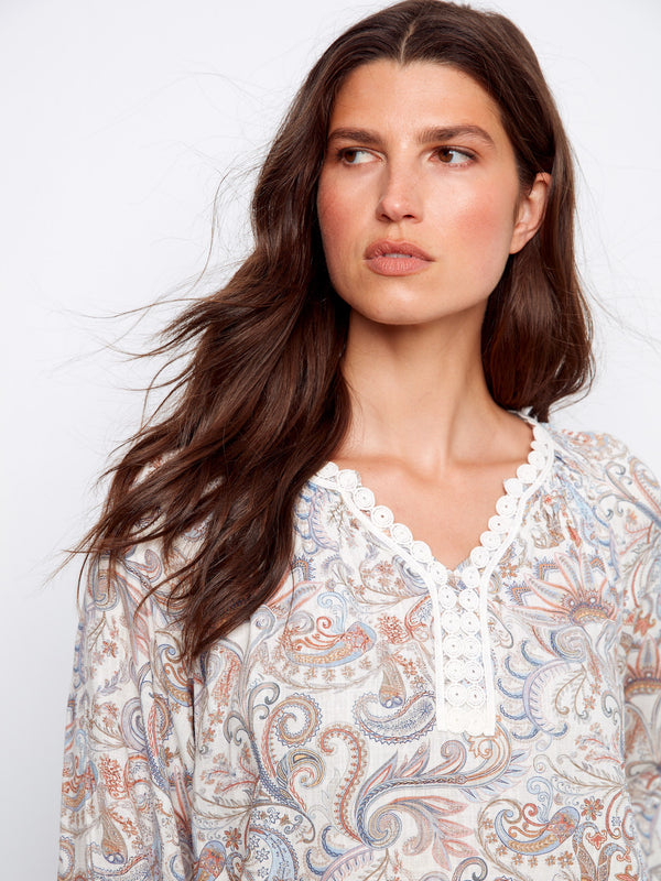 Printed Linen Blend Raglan Blouse With Crochet Trim - Chintz