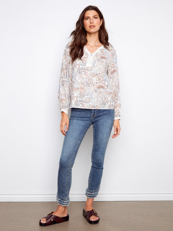 Printed Linen Blend Raglan Blouse With Crochet Trim - Chintz