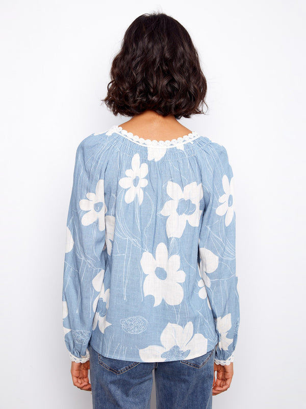 Printed Linen Blend Raglan Blouse With Crochet Trim - Waterlily