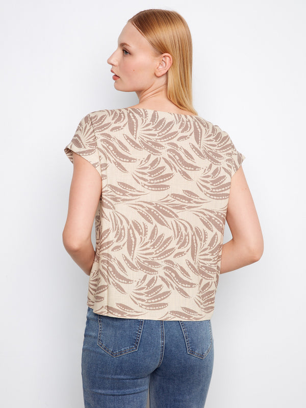 Printed Linen Blend Tie-Front Blouse - Dune