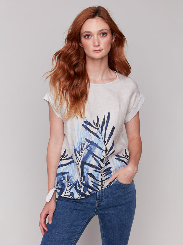 Linen blend top with crew neckline and palm design by Charlie B.