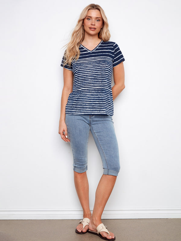 Short sleeve striped T-shirt in blue and white with a comfortable relaxed fit by Charlie B.