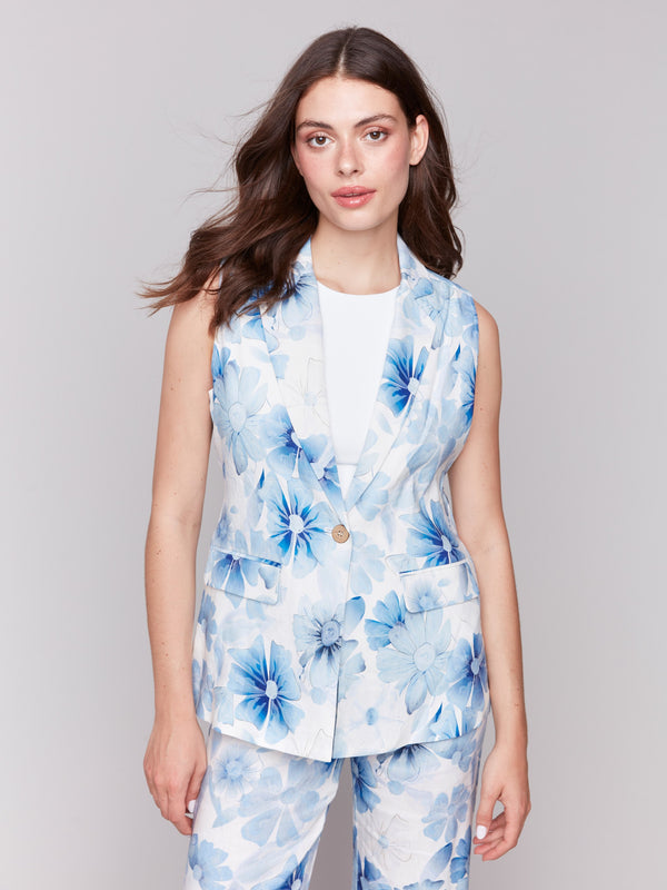 Linen vest with a lapel collar, showcasing intricate floral patterns by Charlie B.