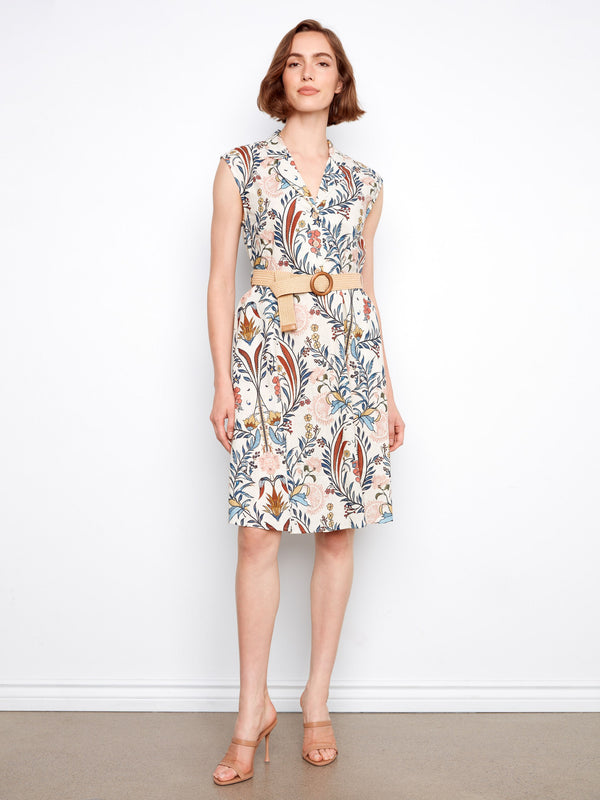 Printed Linen Cotton Dress With Straw Belt - Bella