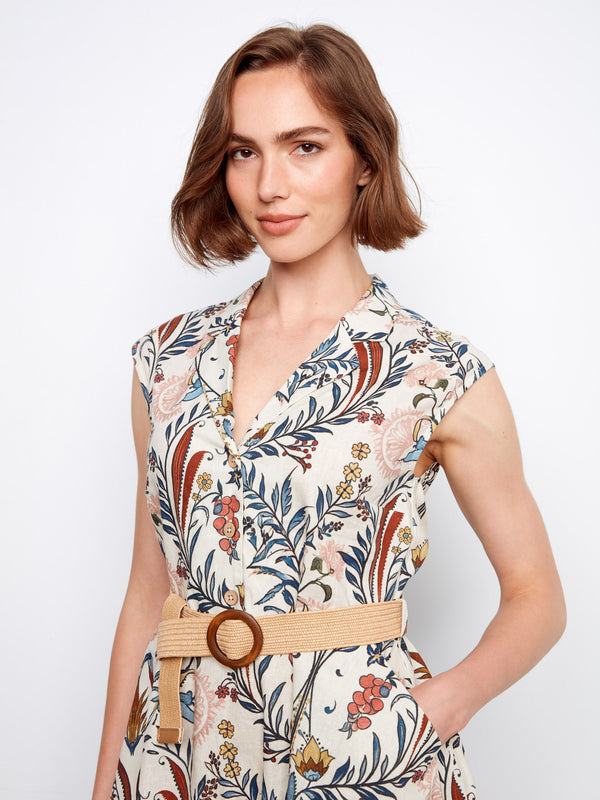 Printed Linen Cotton Dress With Straw Belt - Bella