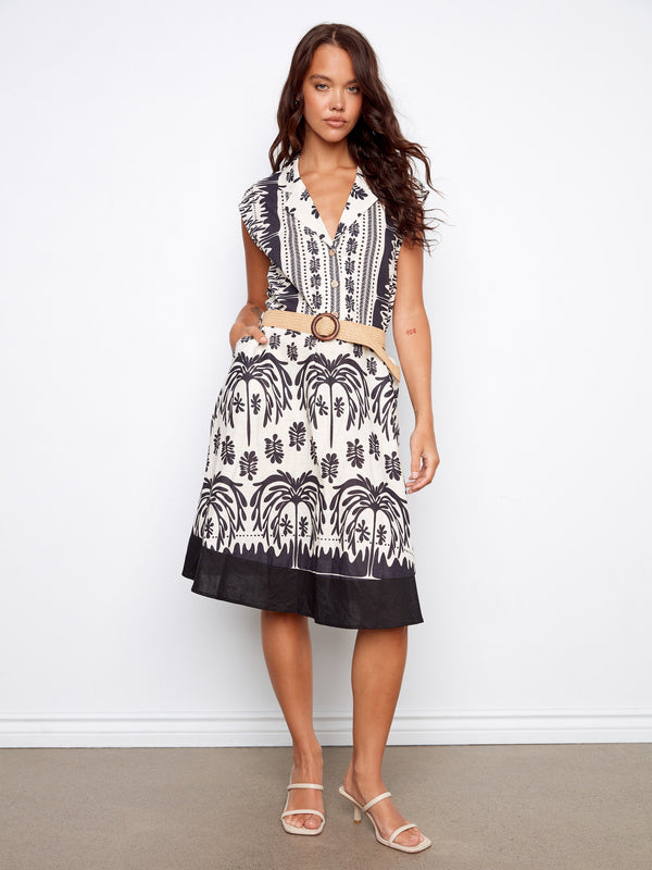 Printed Linen Cotton Dress With Straw Belt - Oasis