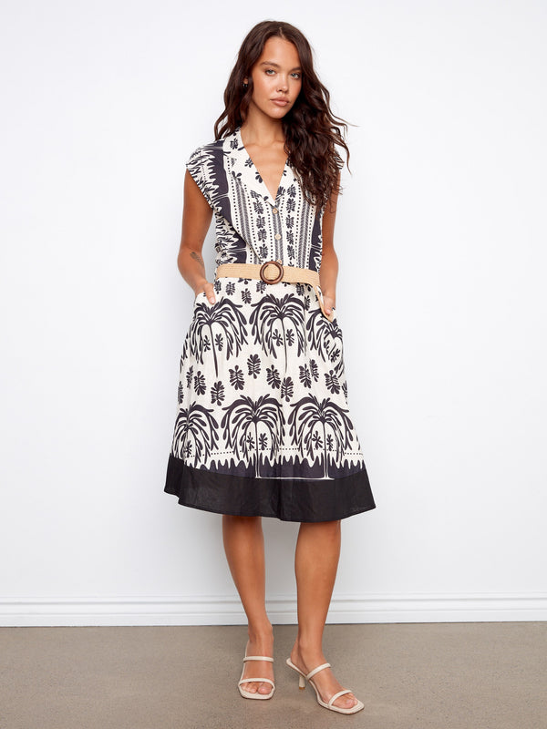 Printed Linen Cotton Dress With Straw Belt - Oasis