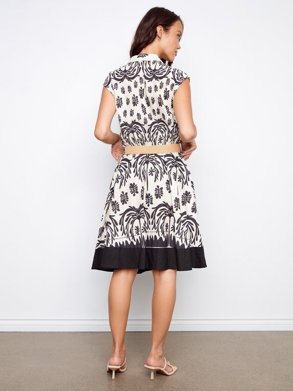 Printed Linen Cotton Dress With Straw Belt - Oasis