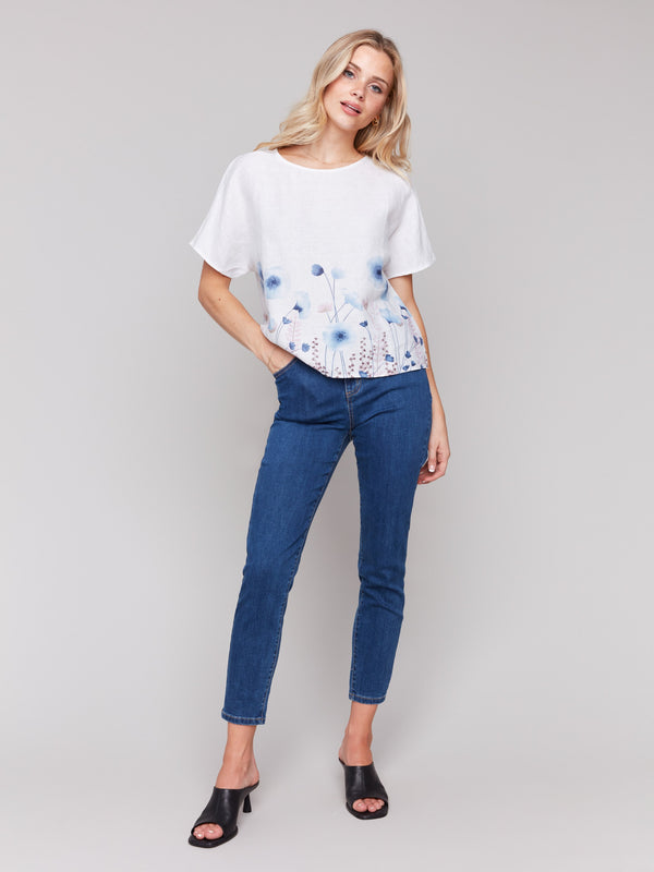 Floral border print linen top featuring short Dolman sleeves by Charlie B.