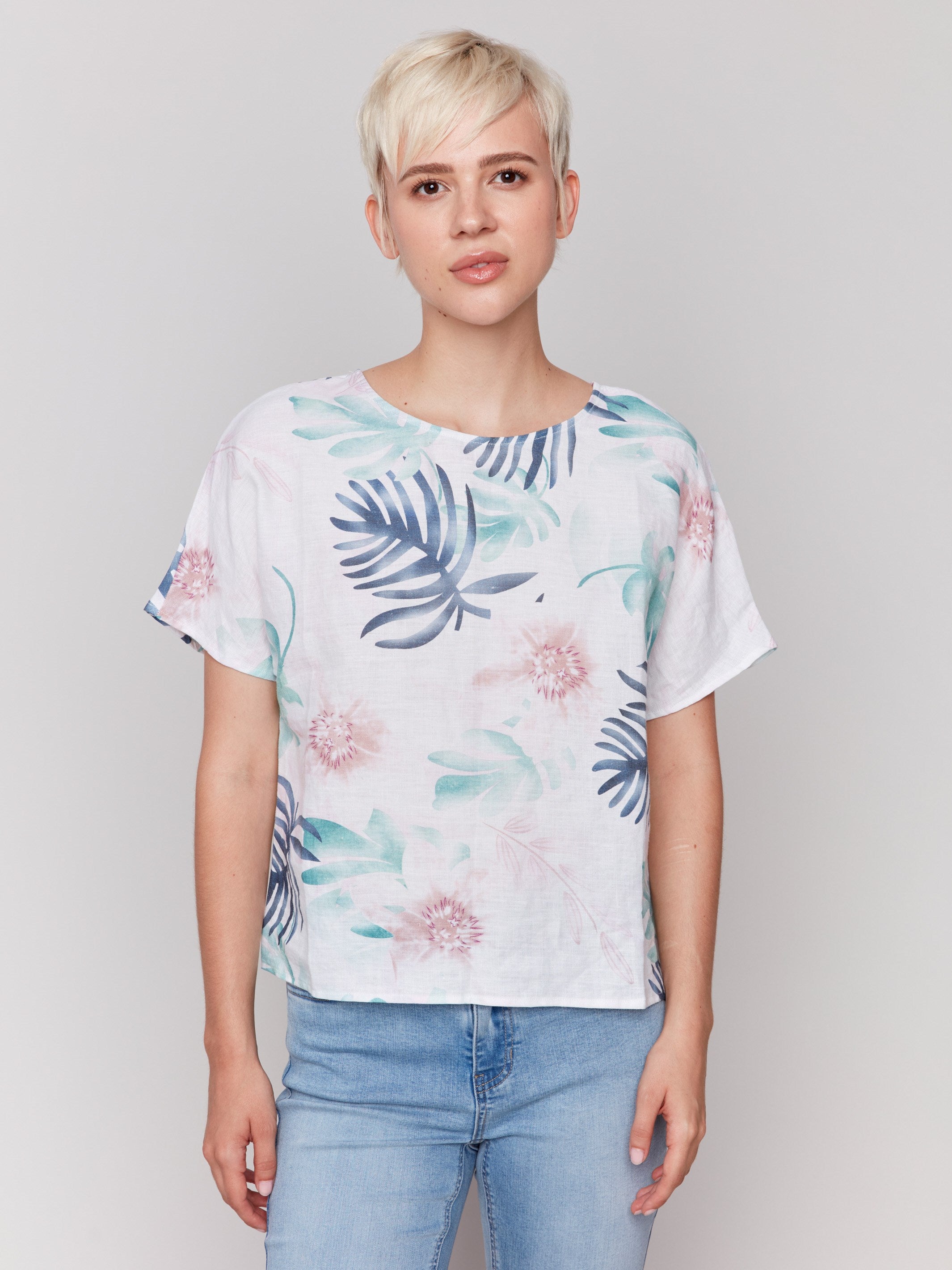 Botanical-printed linen top featuring a crew neckline by Charlie B.