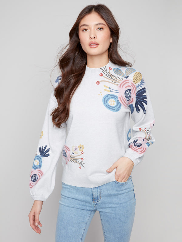Light grey sweater featuring a mock neck with delicate floral patterns for a chic look by Charlie B.