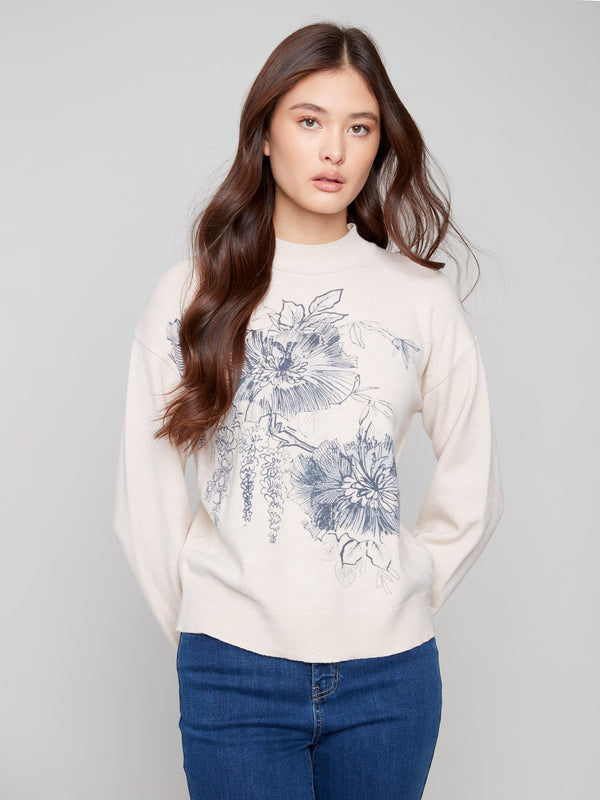 Stylish floral print sweater with mock neck and comfortable long sleeves by Charlie B.