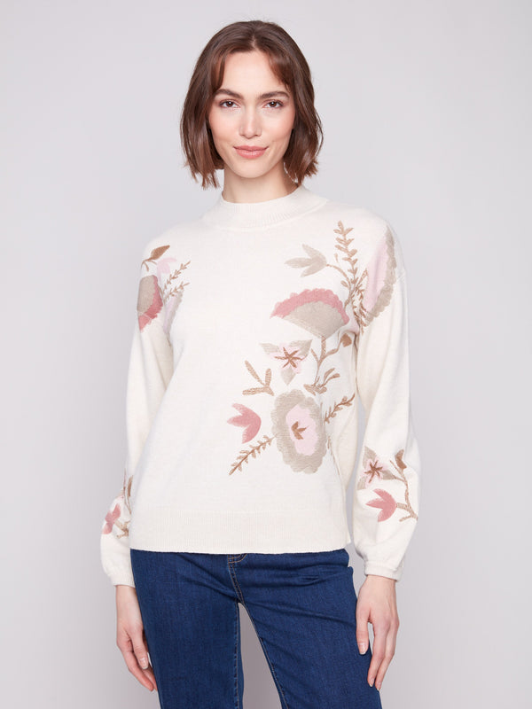 Heather natural sweater featuring a mock neck with elegant floral print by Charlie B.