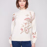 Heather natural sweater featuring a mock neck with elegant floral print by Charlie B.