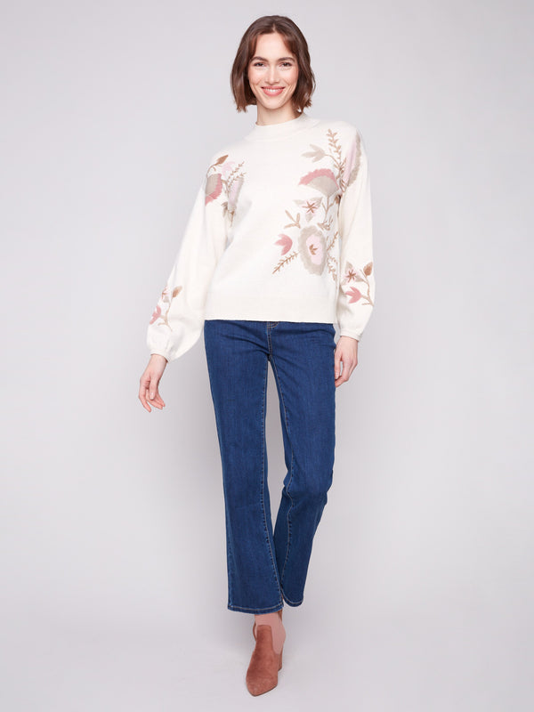 Sweater with long balloon sleeves and charming floral design by Charlie B.