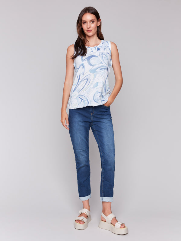 Cotton top featuring an abstract design and sleeveless style by Charlie B.