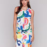 White tank top with crew neckline and colorful abstract print by Charlie B.