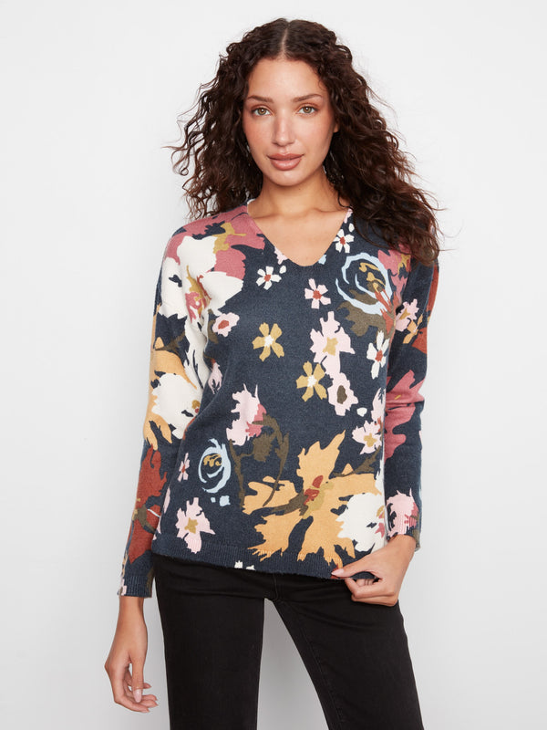 Chandail à col en V en tricot doux imprimé - Fleur