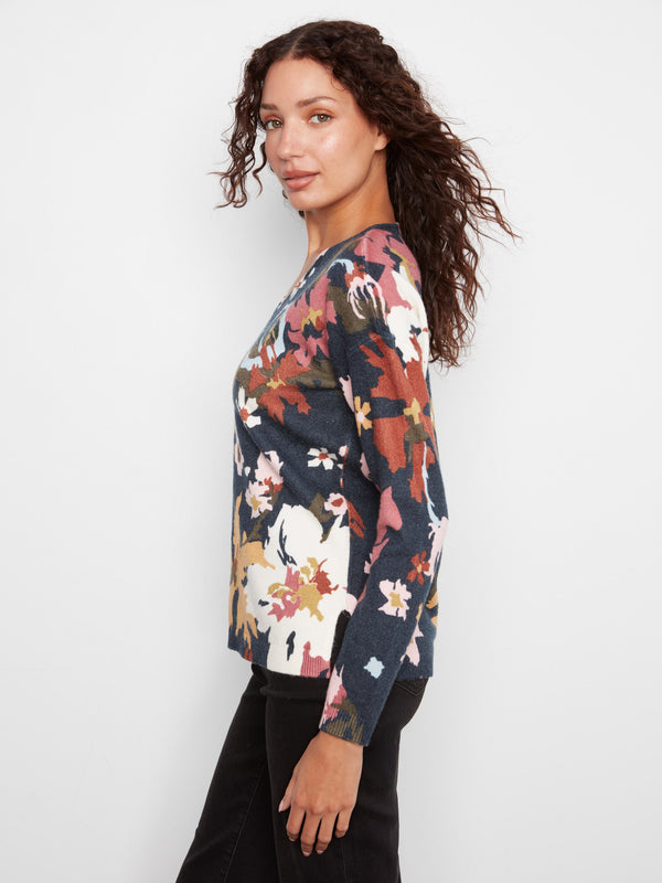 Chandail à col en V en tricot doux imprimé - Fleur