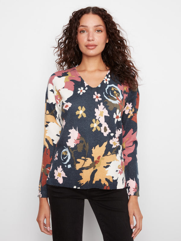 Chandail à col en V en tricot doux imprimé - Fleur