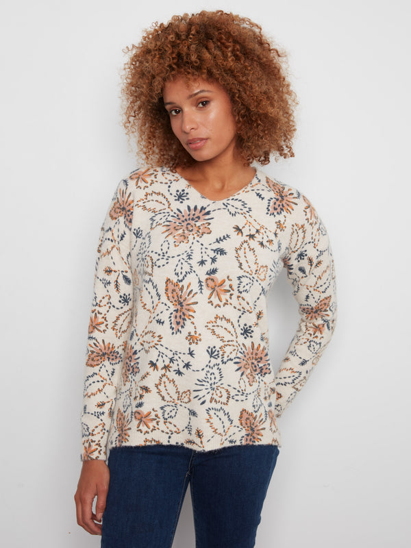Chandail à col en V en tricot doux imprimé - Flocon