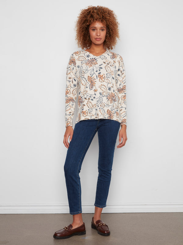 Chandail à col en V en tricot doux imprimé - Flocon