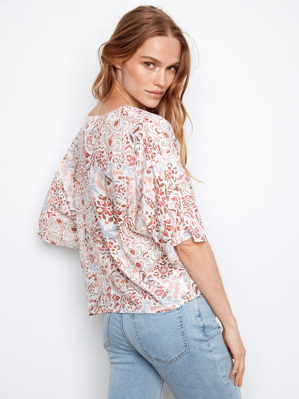 Printed Popover Blouse With Front Tie - Bea