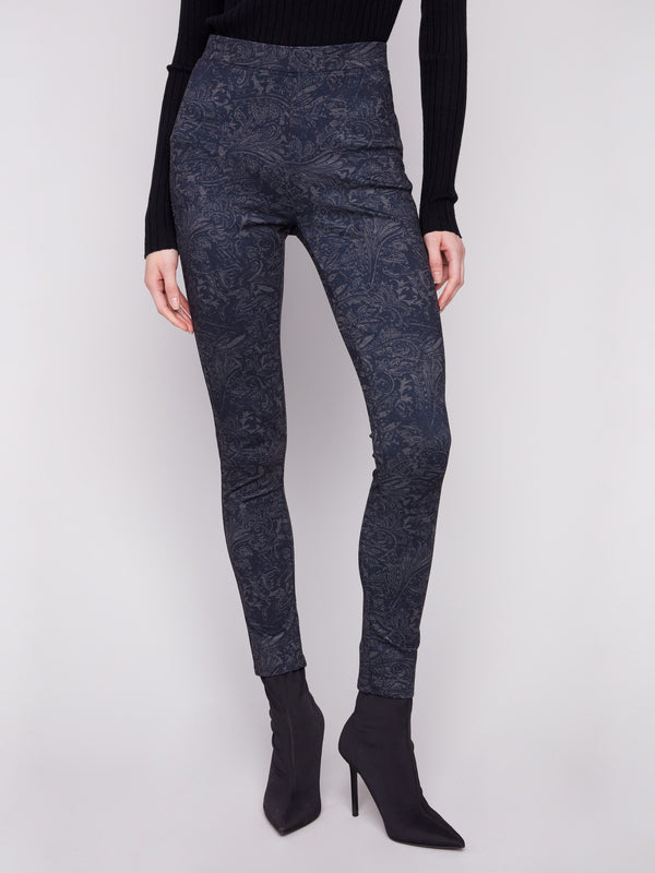 Navy pants with an elastic waistband and abstract print, offering comfort and style by Charlie B.