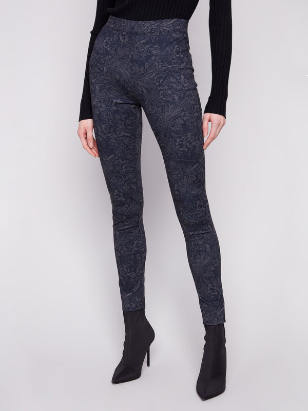 Printed Pull-On Ponte Skinny Pants - Navy