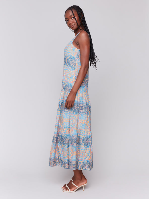 Sleeveless paisley-patterned maxi dress in vibrant colors by Charlie B.