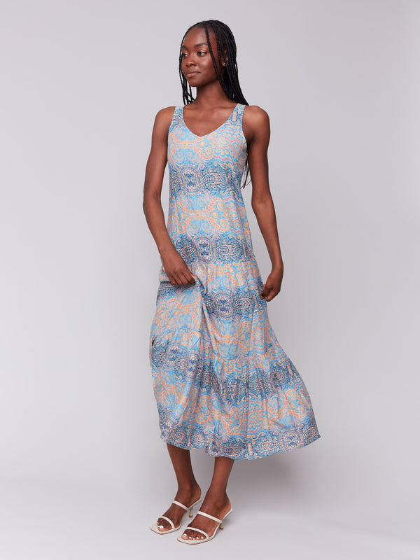 Maxi length dress featuring a unique abstract pattern by Charlie B.
