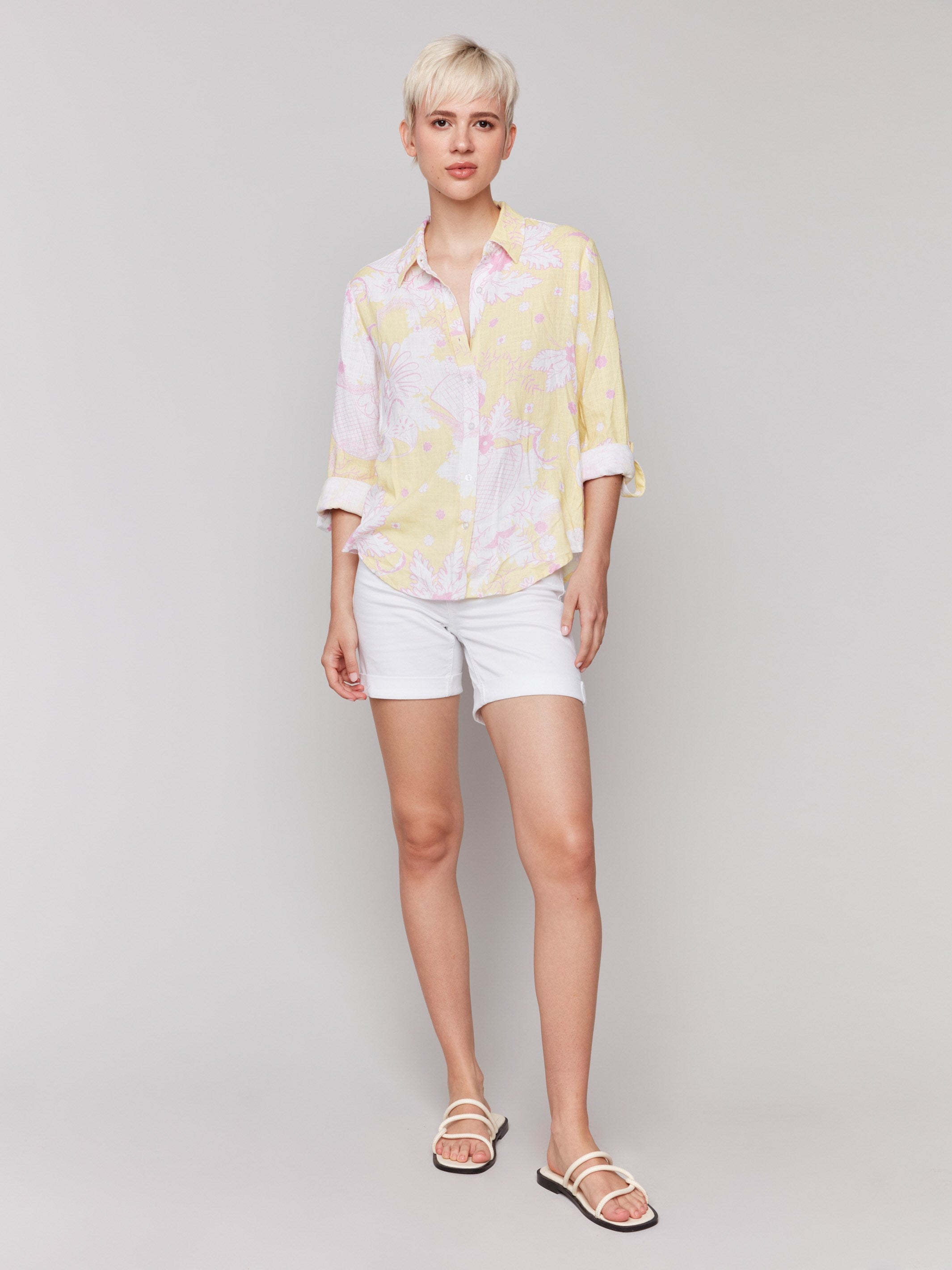 Button-down front yellow shirt design by Charlie B.